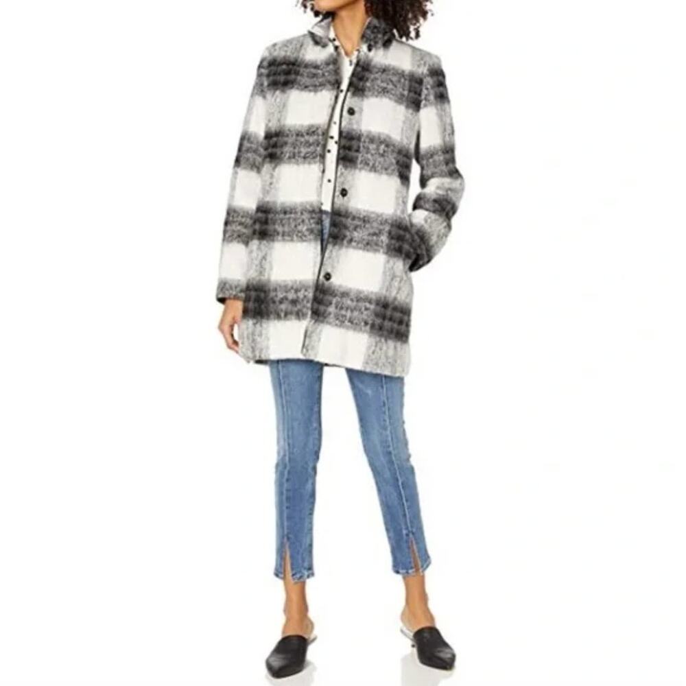 Kensie Women's Wool Blend Stand Collar Blanket Plaid Coat XXL NWT Plaid Black